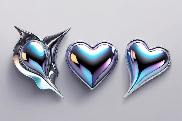3D cromo y2k conjunto de formas vetor prata estrela líquida metal futurista brilhante coração adesivo de aço