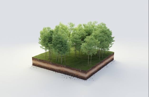 3d cúbico terra de floresta bonita com árvores geologia do solo seção transversal ilustração 3d ecologia à terra isolada no fundo branco