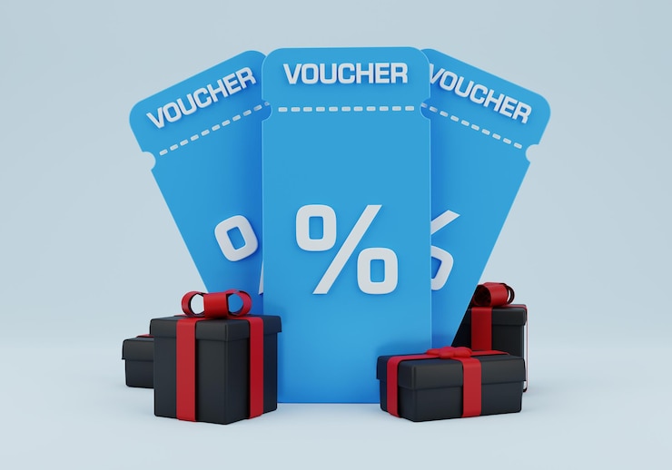Foto 3d cupom de desconto ilustração voucher presente sinal percentual azul venda vouchers de desconto com caixa de presente
