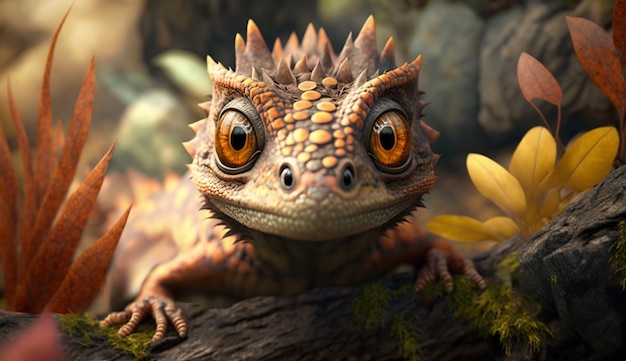 3D Cute Baby Brown Dragon Blick auf die Kamera Hochwertige 3D-Darstellung von niedlichen schwarzen Drachen