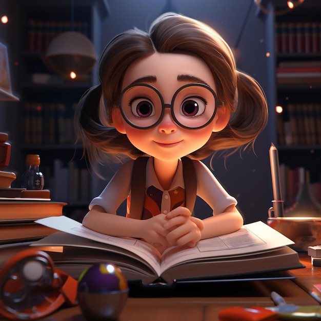 3D Cute Cartoon Girl Estudando Educação Ilustração