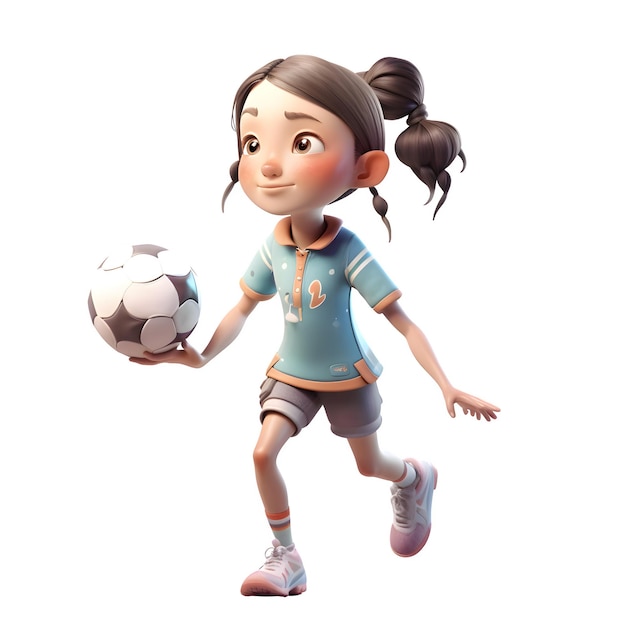 3D Cute Girl Soccer Pro em ação isolada no fundo branco