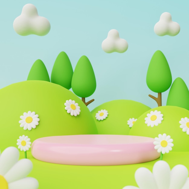 3D Cute Podium Render mit Frühlingsverzierung