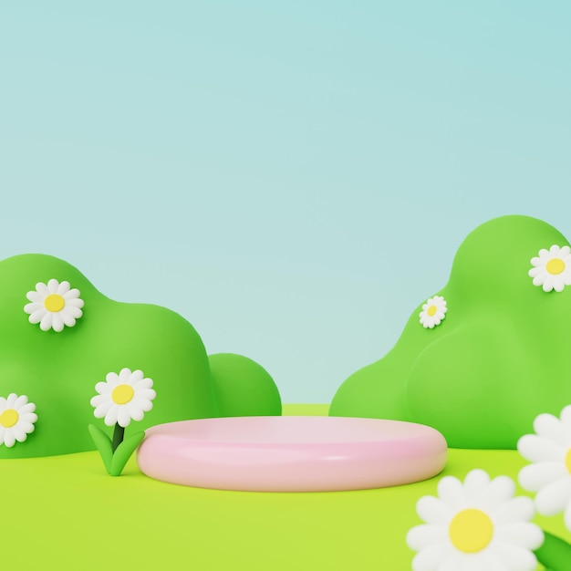 3D Cute Podium Render mit Frühlingsverzierung