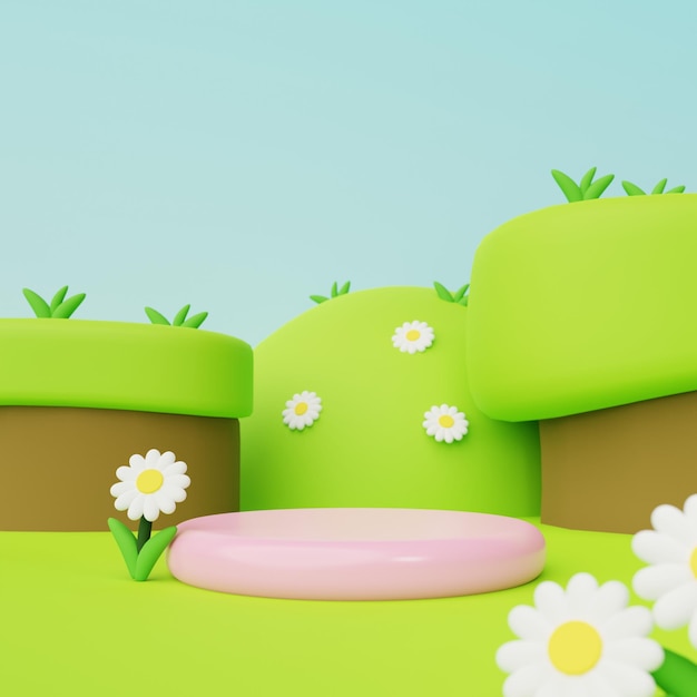 3D Cute Podium Render mit Frühlingsverzierung