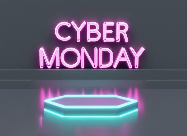 3D-Cyber-Monday-Neonlicht-Glühpodium mit Geschenkbox und -tasche und Einkaufskurz