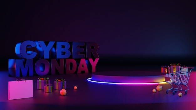 3d Cyber Monday podio de resplandor de luz de neón.