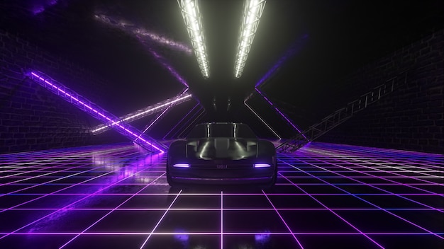 3D-Cyberpunk-Retro-Stil. Synthwave. Das Auto fährt im Neontunnel. 3D-Darstellung