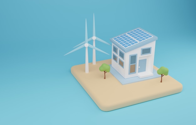 3D da ilustração de energia renovável. Energia renovável com sistema elétrico doméstico. Renderização 3d