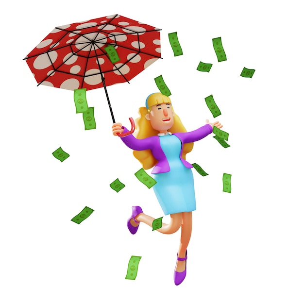 3D-Darstellung 3D-Cartoon 3D-Geschäftsfrau, die unter Geldregen tanzt und einen Regenschirm trägt