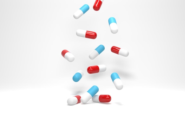 3D-Darstellung 3D-Rendering Antibiotische Pille Kapseln fallen auf weißem Hintergrund Gesundheitswesen und medizinisches Konzept