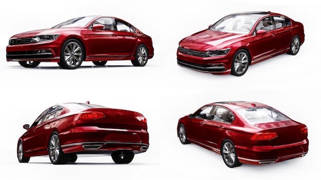 3D-Darstellung 3D-Rendering eines markenlosen generischen roten Autos in einer weißen Studioumgebung