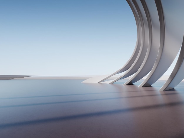3D-Darstellung abstrakter futuristischer Architektur mit Betonboden Fahrzeugpräsentation