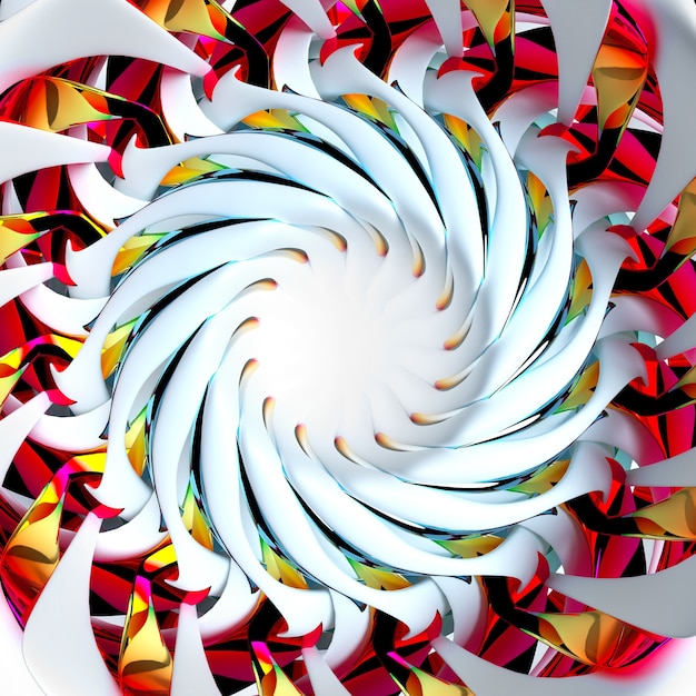 3D-Darstellung abstrakter Kunst mit teilweise surrealer 3D-Alienblume oder indischem Mandala-Symbol in kugelförmiger Spiralform mit fraktaler Struktur aus weißer, matter Keramik mit rosa-grün-gelben Metallteilen