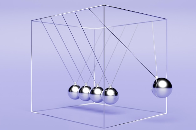 3D-Darstellung Balancierende Kugeln Newtons Cradle auf lila Hintergrund. Beruhigende ausgleichende Meditationsbälle