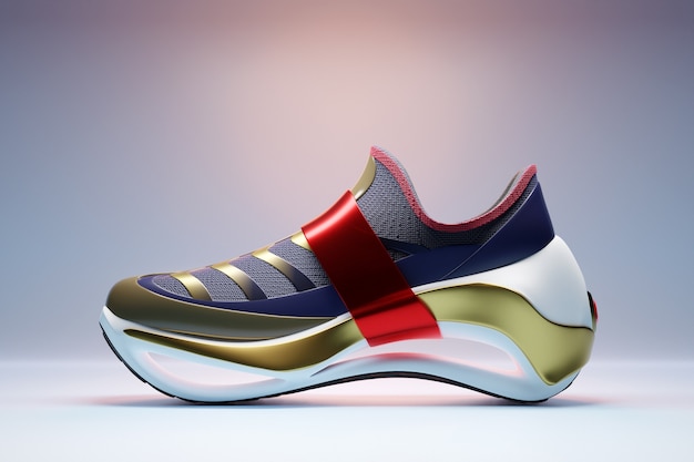 3D-Darstellung blaue und rote neue Sportschuhe mit goldenen Einsätzen auf einer riesigen Schaumstoffsohle, Turnschuhe in einem hässlichen Stil.