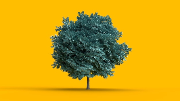 3D-Darstellung blauer Baum auf gelbem Hintergrund mit schwachem Sonnenschein