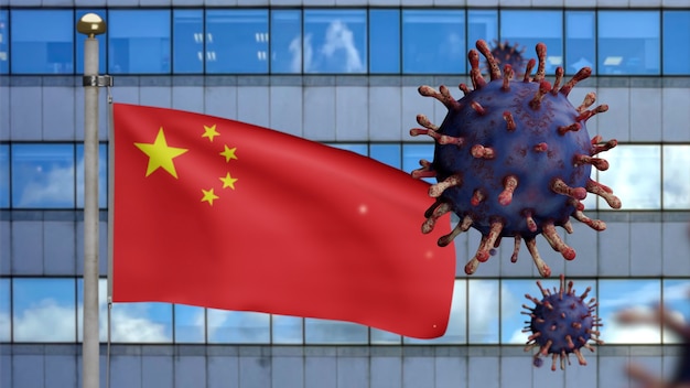 3D-Darstellung Chinesische Flagge weht auf moderner Wolkenkratzerstadt mit Coronavirus 2019 nCov. Schöner hoher Turm und asiatischer Ausbruch in China. Mikroskop-Virus Covid19 hautnah.