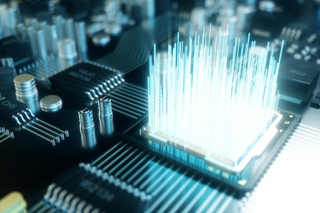 3D-Darstellung Computerchip, ein Prozessor auf einer Leiterplatte. Das Konzept der Datenübertragung in die Cloud. Zentralprozessor in Form von künstlicher Intelligenz. Datentransfer.