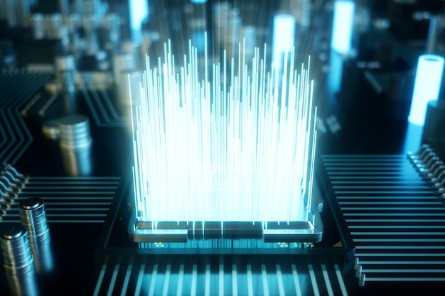 3D-Darstellung Computerchip, ein Prozessor auf einer Leiterplatte. Das Konzept der Datenübertragung in die Cloud. Zentralprozessor in Form von künstlicher Intelligenz. Datentransfer.