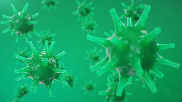 3D-Darstellung Coronavirus-Konzept unter dem Mikroskop. Verbreitung des Virus im Menschen. Epidemie, Pandemie, die die Atemwege betrifft. Tödliche Virusinfektion.