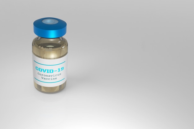 3D-Darstellung. Covid19-Impfstoffe in Flaschen auf hellem abstraktem Hintergrund.