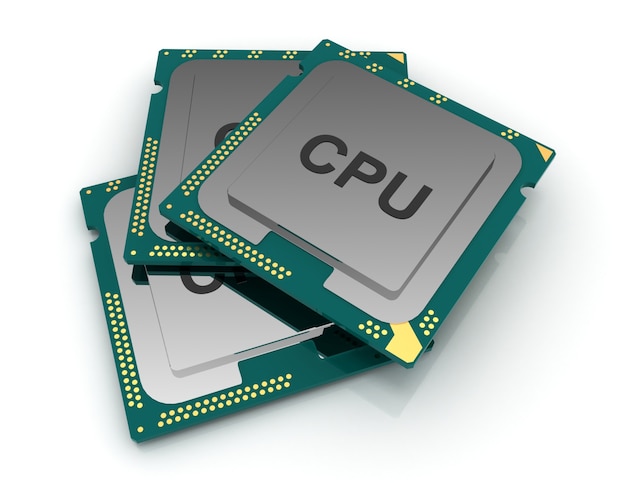 3D-Darstellung CPU-Chip, zentrale Prozessoreinheit auf weißem Hintergrund.