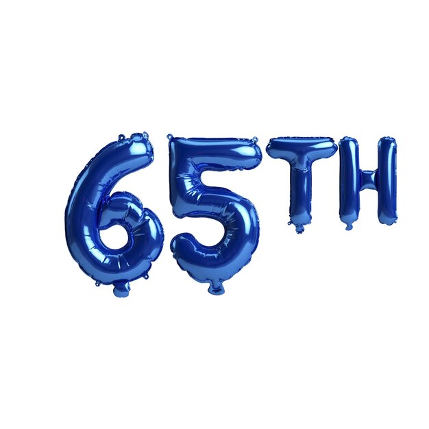 3D-Darstellung der 65. blauen Luftballons isoliert auf weißem Hintergrund