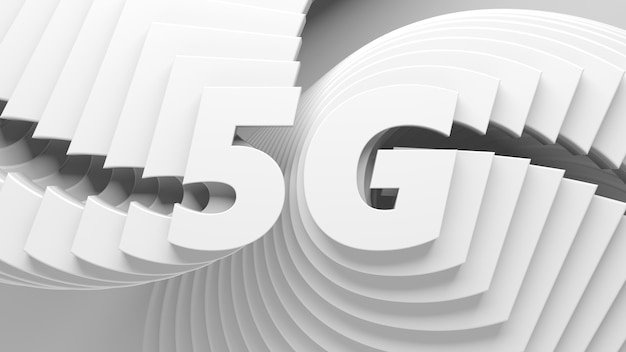 3D-Darstellung der abstrakten 5G-Texttitelzeile, die auf der Rückseite wiederholt wird.