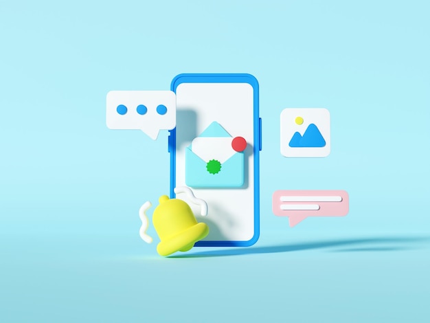 3D-Darstellung der Benachrichtigung auf einem schwebenden Smartphone mit schwebendem Chat-Blasensymbol, Liebessymbol und Türklingelsymbol