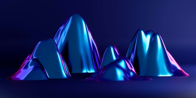 3D-Darstellung der Berge auf dunklem Hintergrund Geometrisches holografisches schillerndes Material Neonblau-Pink-Szene Trendiger digitaler abstrakter Hintergrund