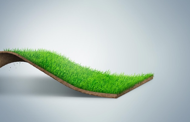 3D-Darstellung der Biegung der Rasenfläche isoliert. Landwirtschaft Grasfeld kreative Anzeigen.
