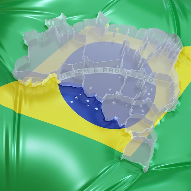 3D-Darstellung der Brasilien-Karte in klarem Acryl auf zerknittertem, glänzendem Hintergrund der brasilianischen Flagge