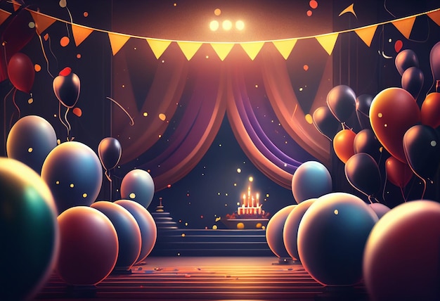 3D-Darstellung der Bühne mit vielen bunten Luftballons und Konfetti generativer ai