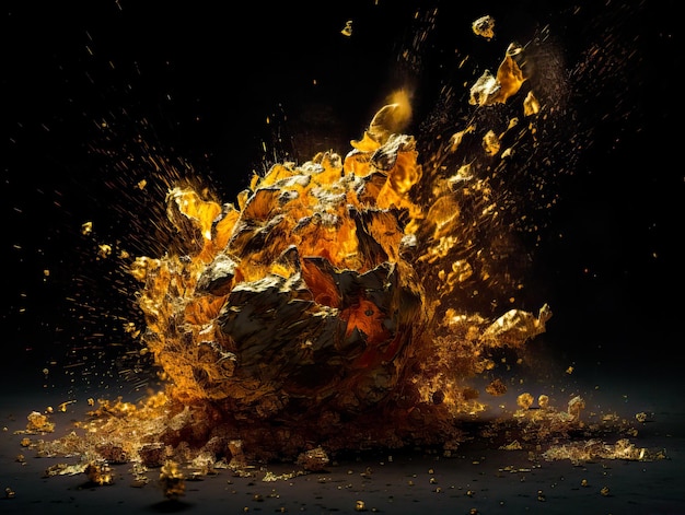 3D-Darstellung der Explosion von Goldpartikeln Explosion von goldenen Würfeln Ai erzeugt