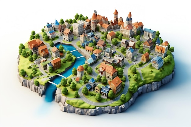 3D-Darstellung der generativen KI des Cartoon-Stadtlandes