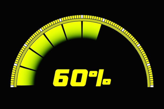 3D-Darstellung der Geschwindigkeitsmessung Geschwindigkeitssymbol Gelbes Tachometersymbol Tachometerzeiger zeigt auf normale orange Farbe