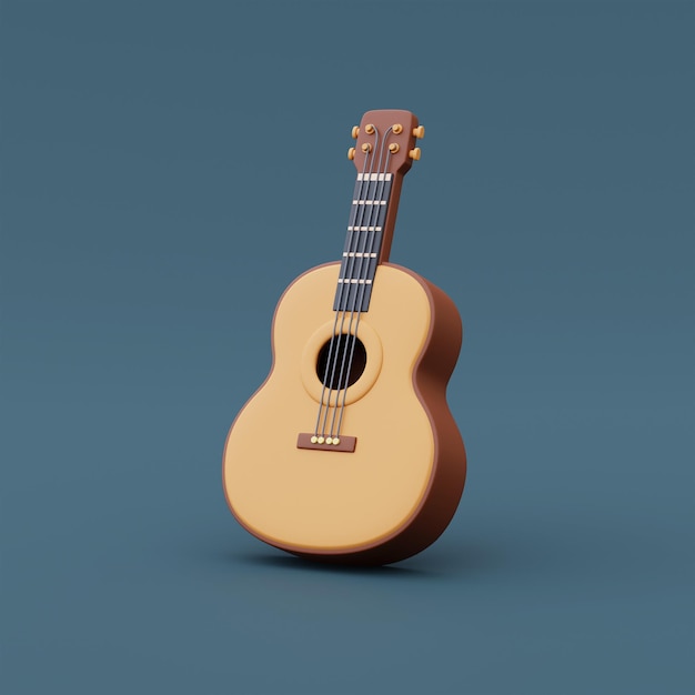 3D-Darstellung der Gitarre isoliert auf blauem Hintergrund, Campingausrüstung, Urlaubskonzept. Minimaler Stil.