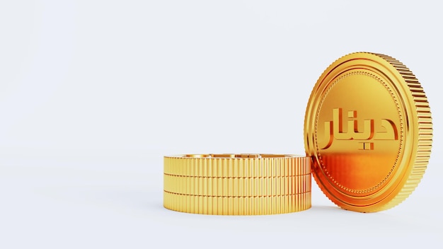 3D-Darstellung der goldenen Dinar-Münze isoliert auf weißem Hintergrund Finanzkonzepte