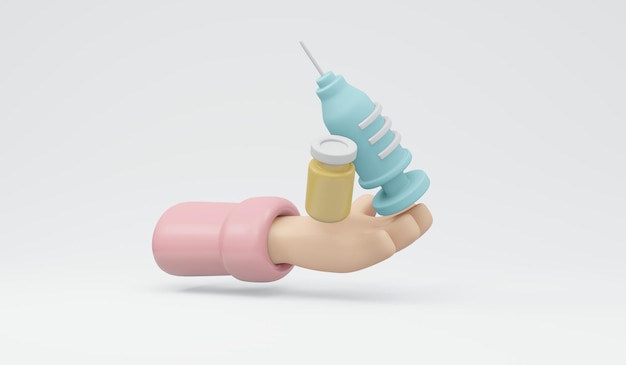 3D-Darstellung der Hand, die das Impfstoffflaschen- und Spritzenkonzept des geimpften Covid-Falls hält. 3D-Renderillustration minimaler Cartoon-Stil.