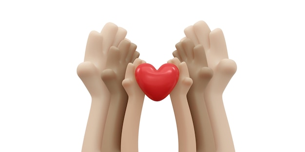 3D-Darstellung der Hand, die ein rotes Herz hält Konzept der Organspende Familienversicherung Weltherztag Weltgesundheitstag Dankbarkeit Art dankbar und Liebe 3D-Illustration Cartoon-Stil