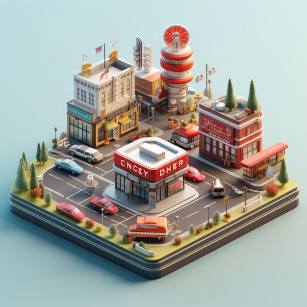 3D-Darstellung der isometrischen Miniatur der Diner-Stadt