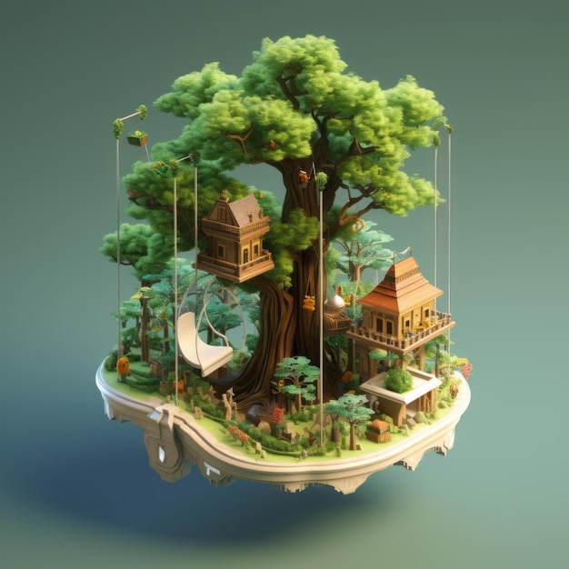 3D-Darstellung der isometrischen Miniatur der Stadt Tree Swing