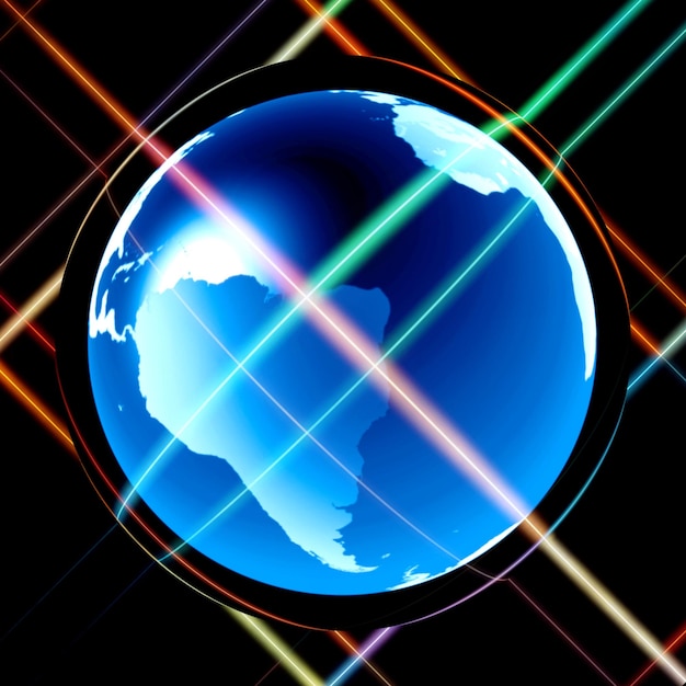 3D-Darstellung der leuchtenden Erdkugel, umgeben von sich kreuzenden bunten Lichtstrahlen isola