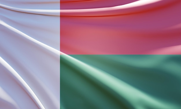3D-Darstellung der Madagaskar-Flagge auf gewelltem Stoff