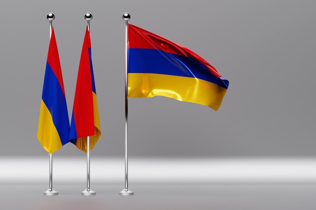 3D-Darstellung der Nationalflagge Armeniens auf einem flatternden Fahnenmast aus Metall. Landsymbol.