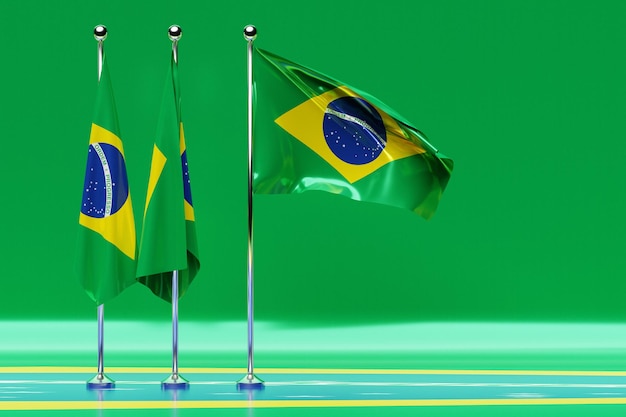 3D-Darstellung der Nationalflagge Brasiliens auf einem flatternden Fahnenmast aus Metall. Ländersymbol.