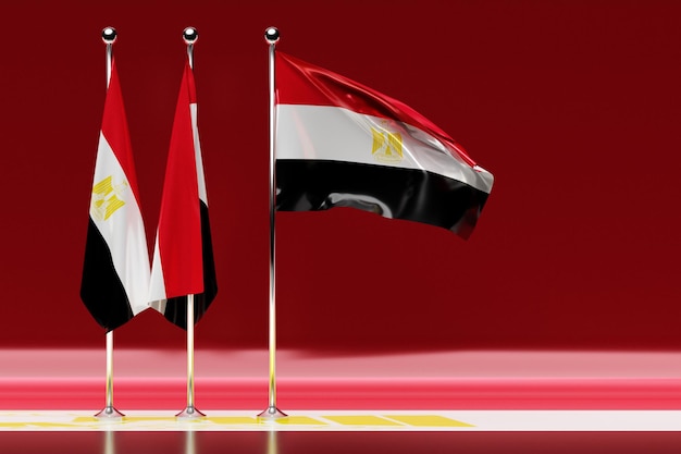 3D-Darstellung der Nationalflagge Ägyptens auf einem flatternden Fahnenmast aus Metall. Ländersymbol.