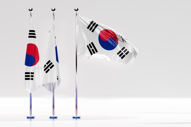 3D-Darstellung der Nationalflagge Südkoreas auf einem flatternden Fahnenmast aus Metall. Ländersymbol.