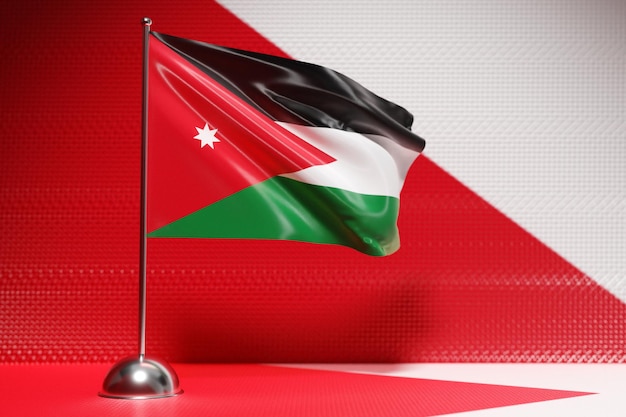 3D-Darstellung der Nationalflagge von Jordanien auf einem flatternden Fahnenmast aus Metall. Ländersymbol.